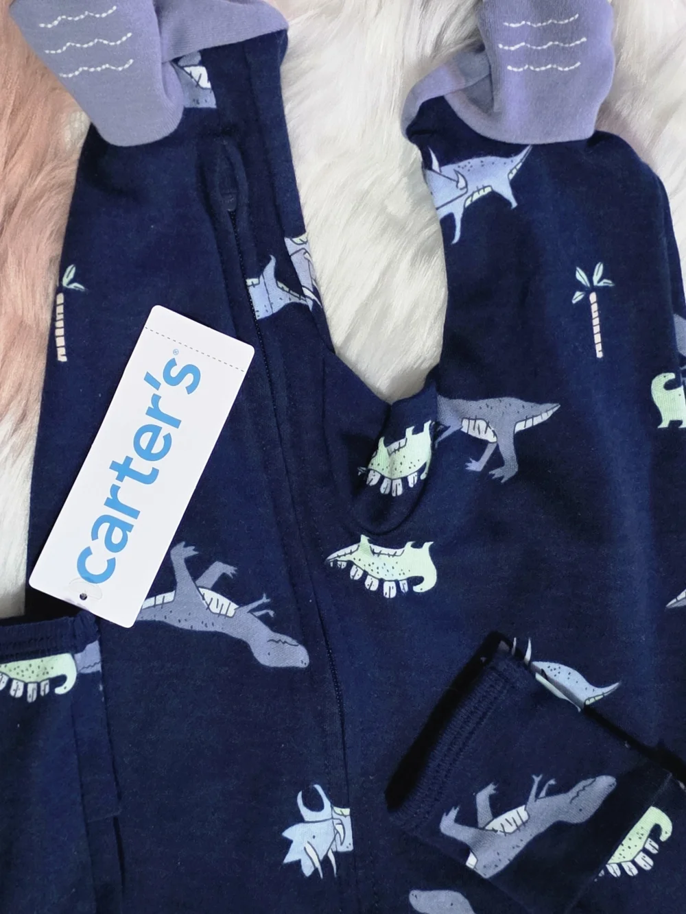 NCarter's Navy Dinosaur Footed One-Piece with Light Blue & Mint Prints NB OR 3 M